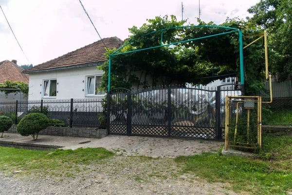 Özel, beyaz ev çatısı ve zona, vyoskimi kapısı ile sahte bir çit ile çitlerle çevrili. Üzüm kucak avluda