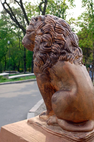 Bronsstaty av en modig lejon på en piedestal i parken — Stockfoto