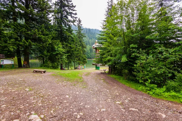 Turistas caminhando do lago da montanha para o descanso banco e ver a bela paisagem ao redor — Fotografia de Stock