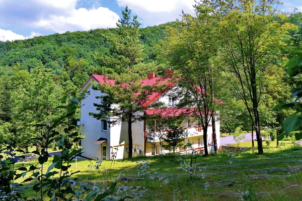 Casa branca com um telhado vermelho entre as árvores. E o céu azul — Fotografia de Stock