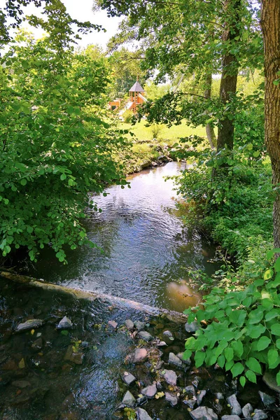 Şeffaf dağ dere, yeşil yaprak döken ağaçlar arka planı onun yolu üzerinde taş kayalar kırma