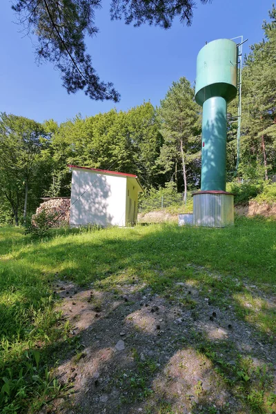 Водонапорная башня возле дома на холме в сосновом лесу — стоковое фото
