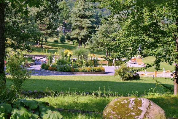Kwiatowej w parku z ławki, z dużym kamieniem na pierwszym planie — Zdjęcie stockowe