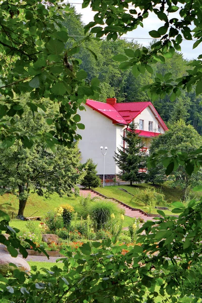 Eleganter Blick von hinter dem grünen Laub eines Baumes auf ein luxuriöses Haus mit Ziegeldach, das inmitten der schönen Natur in der Nähe eines dichten Waldes steht. — Stockfoto