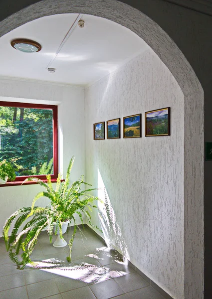 Um vaso com flores verdes longas em pé dentro de casa no chão de azulejos ao lado de uma parede branca com pinturas e uma bela vista fora da janela . — Fotografia de Stock