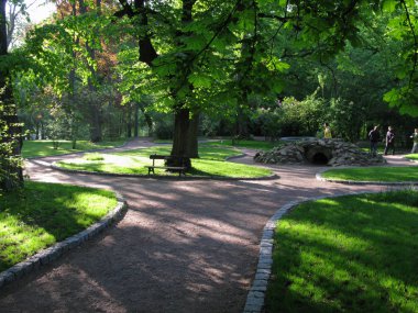 Kaldırımdaki Yeşil bir parkta farklı yönlere iç içe olduğunu