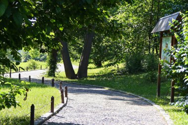 Güzel bir park bölgesi nin ortasında bilgi işareti ile taş dikişli gezinti