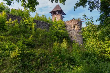 Yalnız bir antik, kısmen yıkılan kale üstünde yeşil bir tepede duruyor