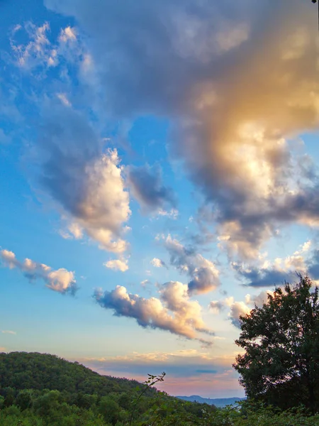 Licht donkere wolken in de blauwe lucht langzaam drijvend in de verte boven de groene boomtoppen groeien op de berghellingen. — Stockfoto