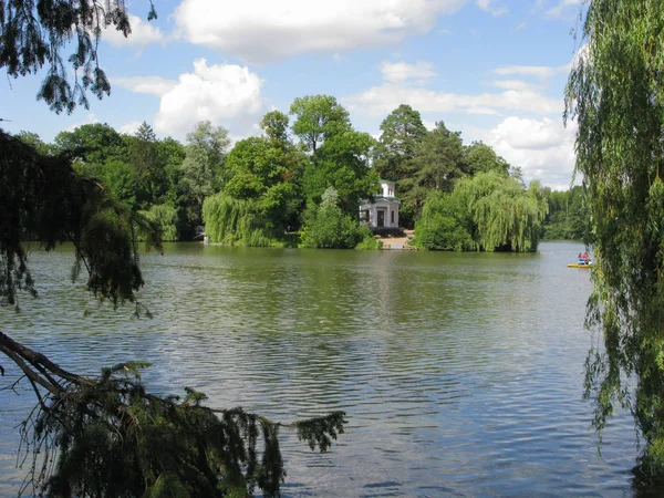 Fluss mit Fichte und Weide im Vordergrund und einem Gebäude am anderen Ufer — Stockfoto