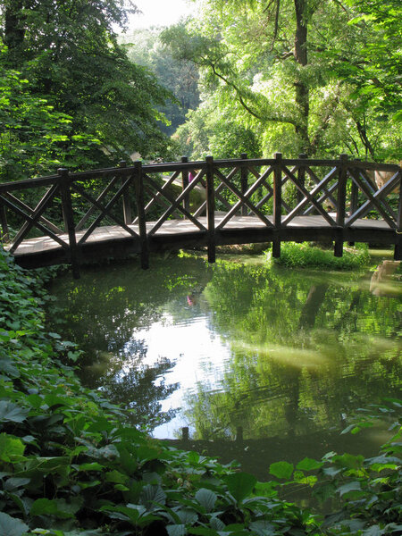 Decorative rounded wooden bridge through a transparent green lake in the background of the park zone