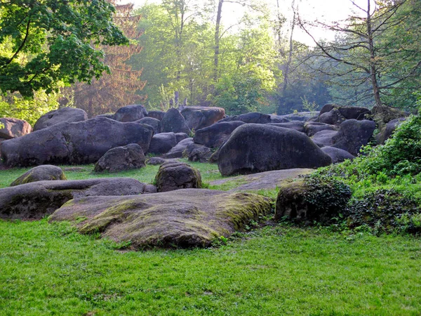 Enormes rocas caóticamente dispersas en el bosque —  Fotos de Stock