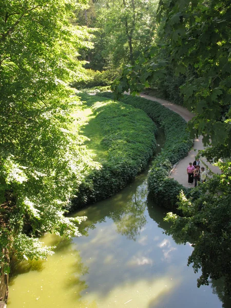 Dekorativer Wassergraben, der in einen See in der Nähe einer Touristenpromenade wächst — Stockfoto