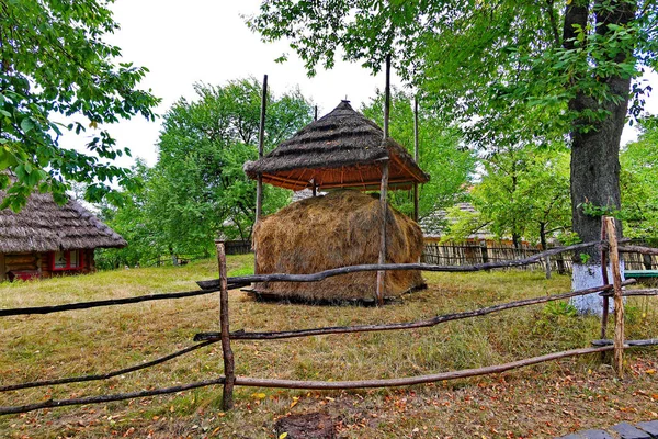 Een hooiberg onder een bladerdak bedekt met een rieten dak op de binnenplaats van een landelijke herenhuis is omheind met een heg met houten palen. — Stockfoto