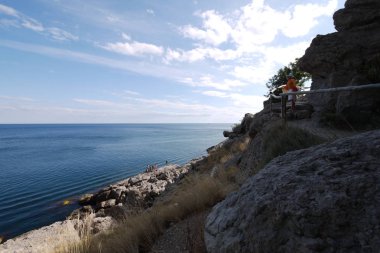 Sararmış ot ve deniz arka planı ahşap bir çit ile kayalık bir yol