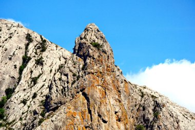 Kaya yetersiz yeşil bitki örtüsü ve kayan bir bulut ile mavi gökyüzü karşı ortada bir çıkıntı ile katıksız bir duvar.