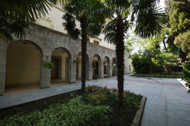 Büyük dekoratif çiçek yatak büyük ve küçük çiçekler ile palmiyeler