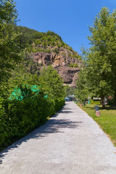 Um caminho no parque entre as plantas verdes que conduzem a uma inclinação pedregosa que está na distância — Fotografia de Stock