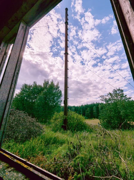 Vista desde la vieja ventana de la tubería y arbustos crecidos cerca de la casa —  Fotos de Stock