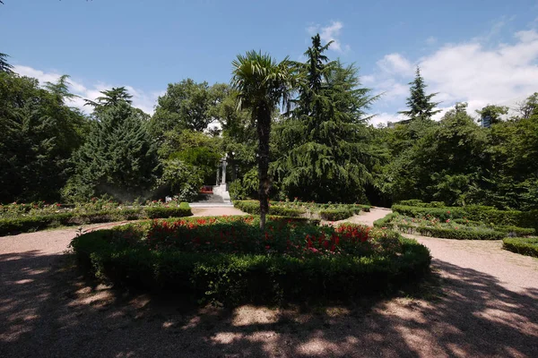 Un parterre de fleurs avec de petites fleurs ornementales, des buissons verts et un palmier exotique élevé — Photo