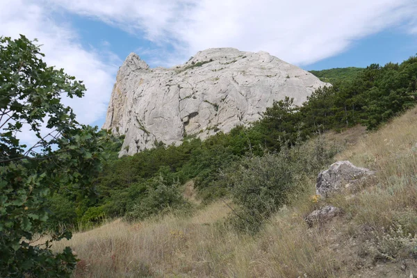 Un rocher de pierre avec une pointe sur le dessus est vêtu sur une colline sur un fond bleu ciel — Photo