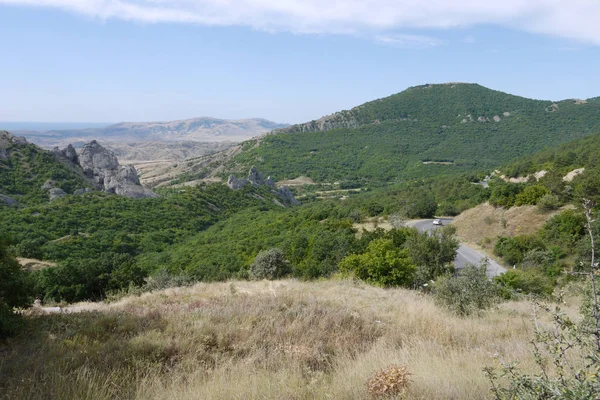 Montagnes couvertes d'un tapis vert de forêts s'étendant à l'horizon — Photo