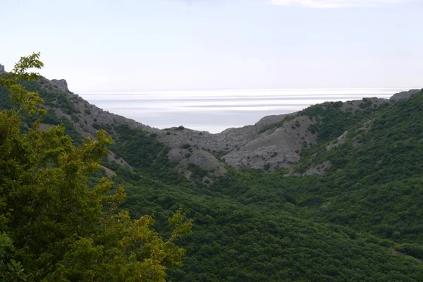 Πράσινη ορεινή κοιλάδα στη μέση βράχια πέτρα ενάντια στον γαλάζιο ουρανό — Φωτογραφία Αρχείου