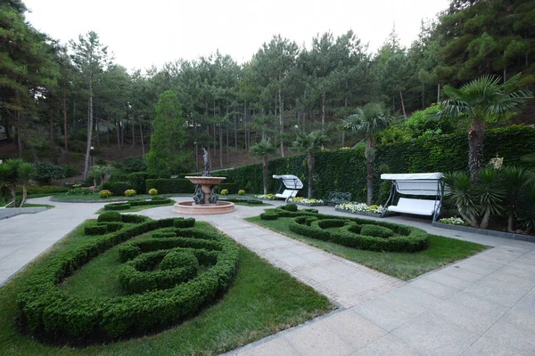 Acogedora zona de parque con una fuente, palmeras, columpios y césped decorativo — Foto de Stock