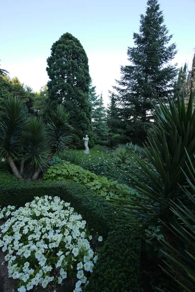 Una hermosa escultura blanca de yeso acechando cerca de un árbol verde junto a los exuberantes macizos de flores verdes con vegetación diferente —  Fotos de Stock