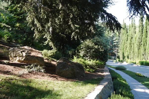 Stora stenblock täckta med torrmossa i parken. Vandra i gränden för vandring — Stockfoto