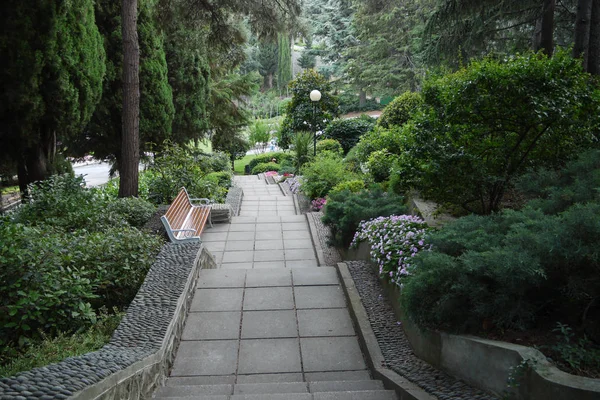 Una panchina per riposare in piedi vicino a un sentiero in un parco lastricato di piatti in mezzo al verde lussureggiante dei fiori di alberi e cespugli — Foto Stock