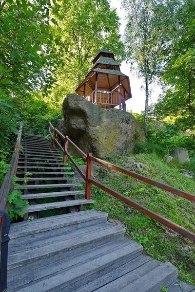 Små smala trappor som leder till ett lusthus omgivna av höga träd — Stockfoto