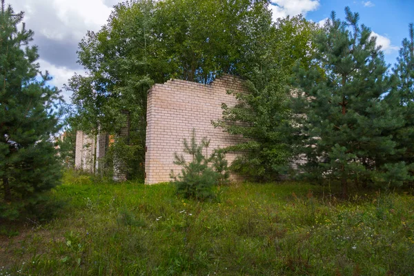 En tegelsten övergiven byggnad mitt i en skog glänta omgiven av tät skog — Stockfoto