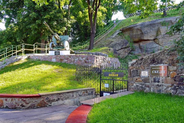 Freilichtmuseum auf dem Hintergrund eines mit Gras und hohen Bäumen bedeckten Hangs — Stockfoto