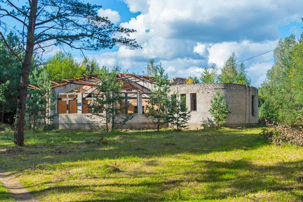 Un edificio de ladrillo redondo en medio de un claro bosque rodeado de bosque denso — Foto de Stock