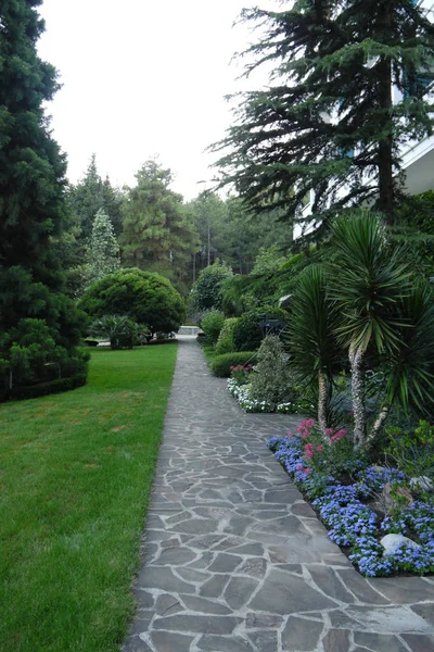An even and beautiful path along the building of the sanatorium is laid out from various forms of stones with growing flowerbeds with flowers and a green lawn. — Stock Photo, Image