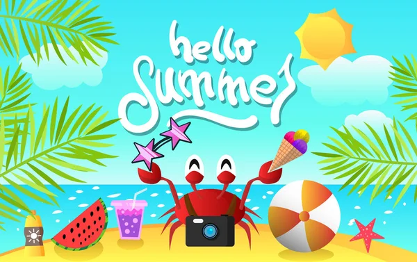 Καλοκαίρι Διάνυσμα Εικονογράφηση Καβούρι Και Χέρι Κατάρτιση Μήνυμα Hello Καλοκαίρι — Φωτογραφία Αρχείου