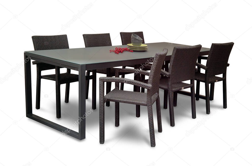 garden dining table with chairs on a white background