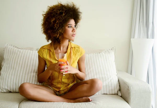 Beautiful Smiling Girl Drinking Orange Juice Home — Stock Photo, Image