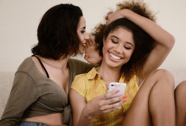 iki güzel Dedikoducu kız arkadaşım evde smartphone ile sohbet