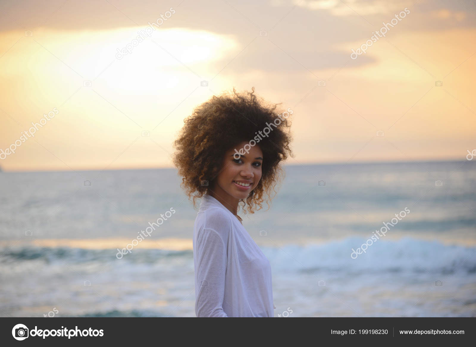 Beautiful Woman Portrait Afro Hair Relax Sunset Sea Stock Photo