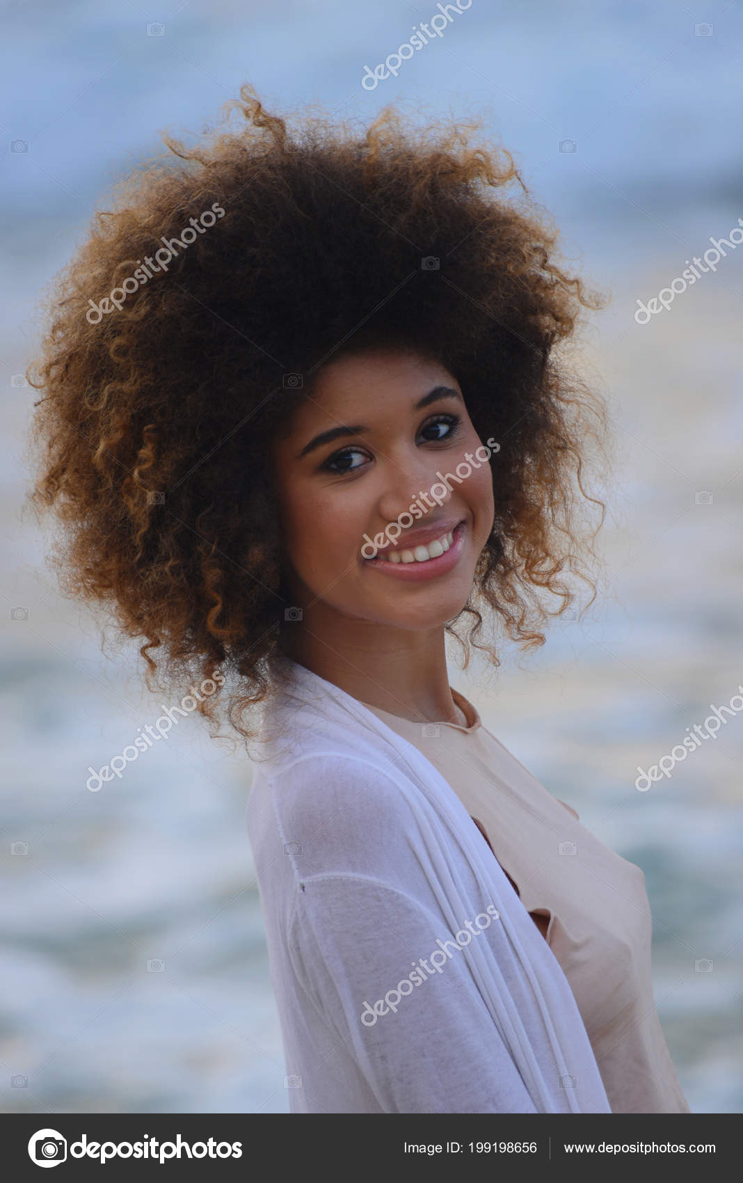 Beautiful Woman Portrait Afro Hair Relax Sunset Sea Stock Photo