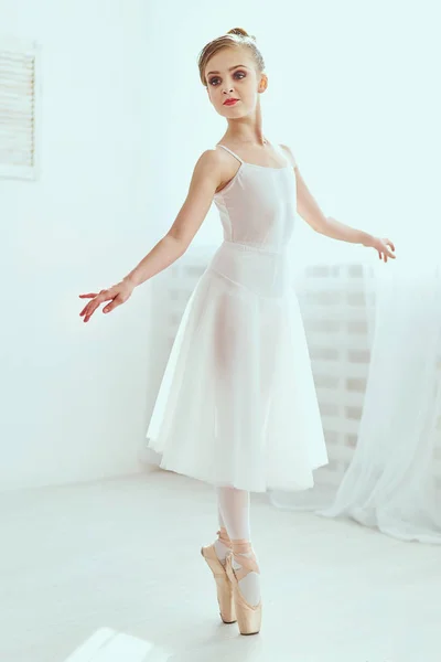 Die Schöne Ballerina Posiert Und Tanzt Einem Weißen Studio Voller — Stockfoto