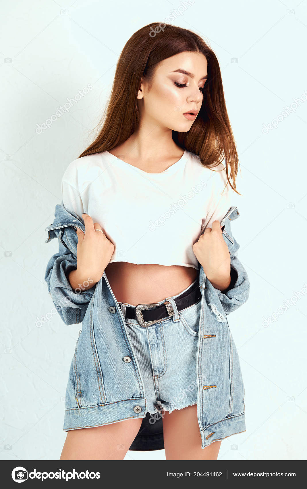 Girl Denim Jacket Short Shorts Posing Studio White Background