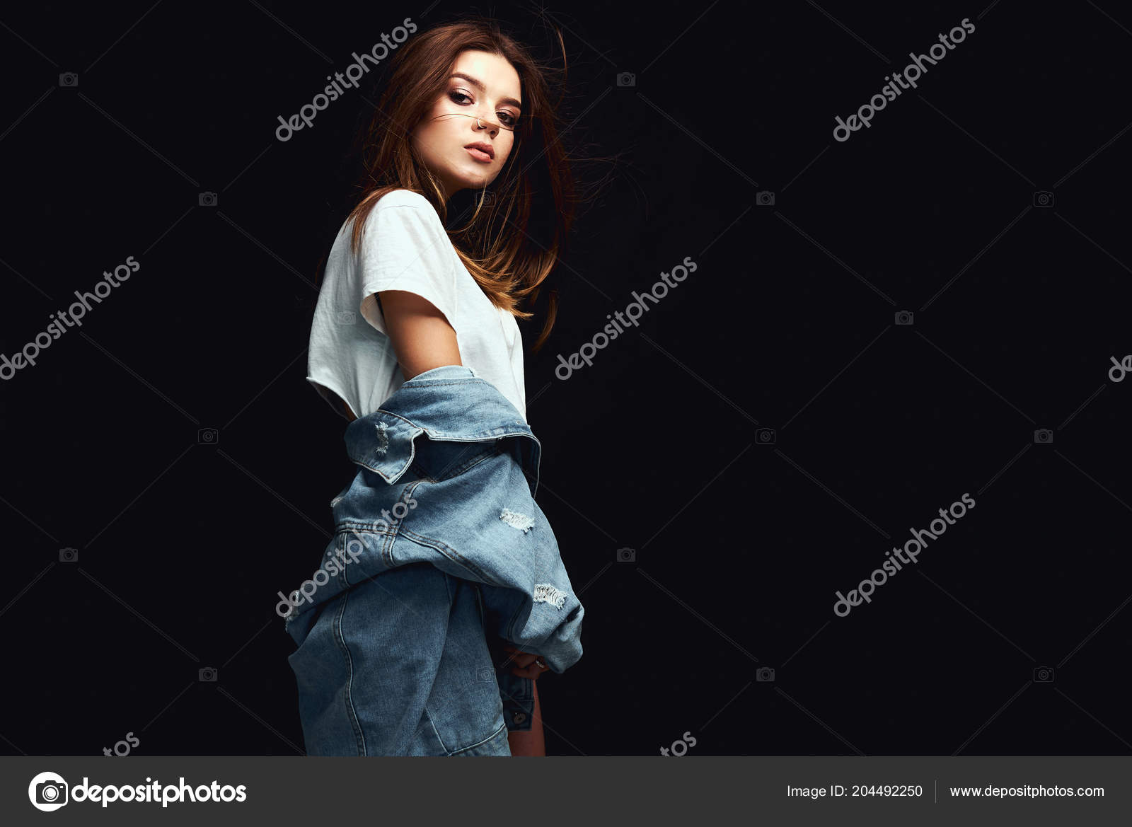 Good Looking Female Wearing Denim Jacket Posing in Studio Stock Photo -  Image of looking, standing: 167567940