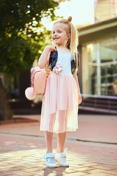 Adorable Niña Pequeña Con Vestido Rosa Retrato Moda — Foto de Stock