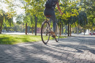 Kot pantolonlu ve spor ayakkabılı bir kız parkta yeşil ağaçların ve çimenlerin arasında bej bir bisiklete biniyor.