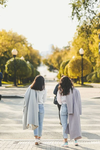 Neşeli iki kız arkadaş şehrin yaya geçidinde karşıdan karşıya geçerken kucaklaşırken eğleniyorlar.
