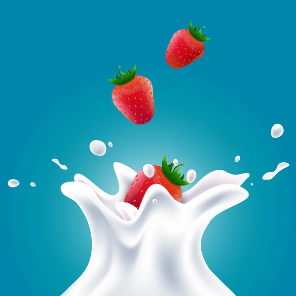 赤いイチゴのグラデーション背景を持つベクトル現実的な牛乳はね — ストックベクタ