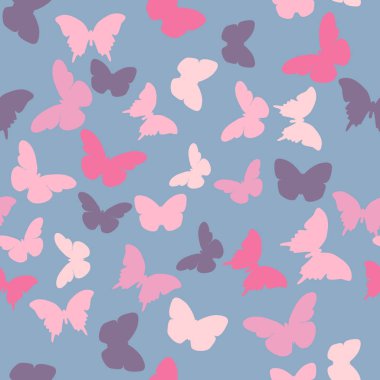 Vektör rasgele mor, pembe, kremsi kelebekler üzerinde mavi arka plan ile seamless modeli. Vintage zarif çocuk bebek tasarım kaydırma, tekstil, kumaş, davetiye, tebrik, düğün kartları, Web siteleri için